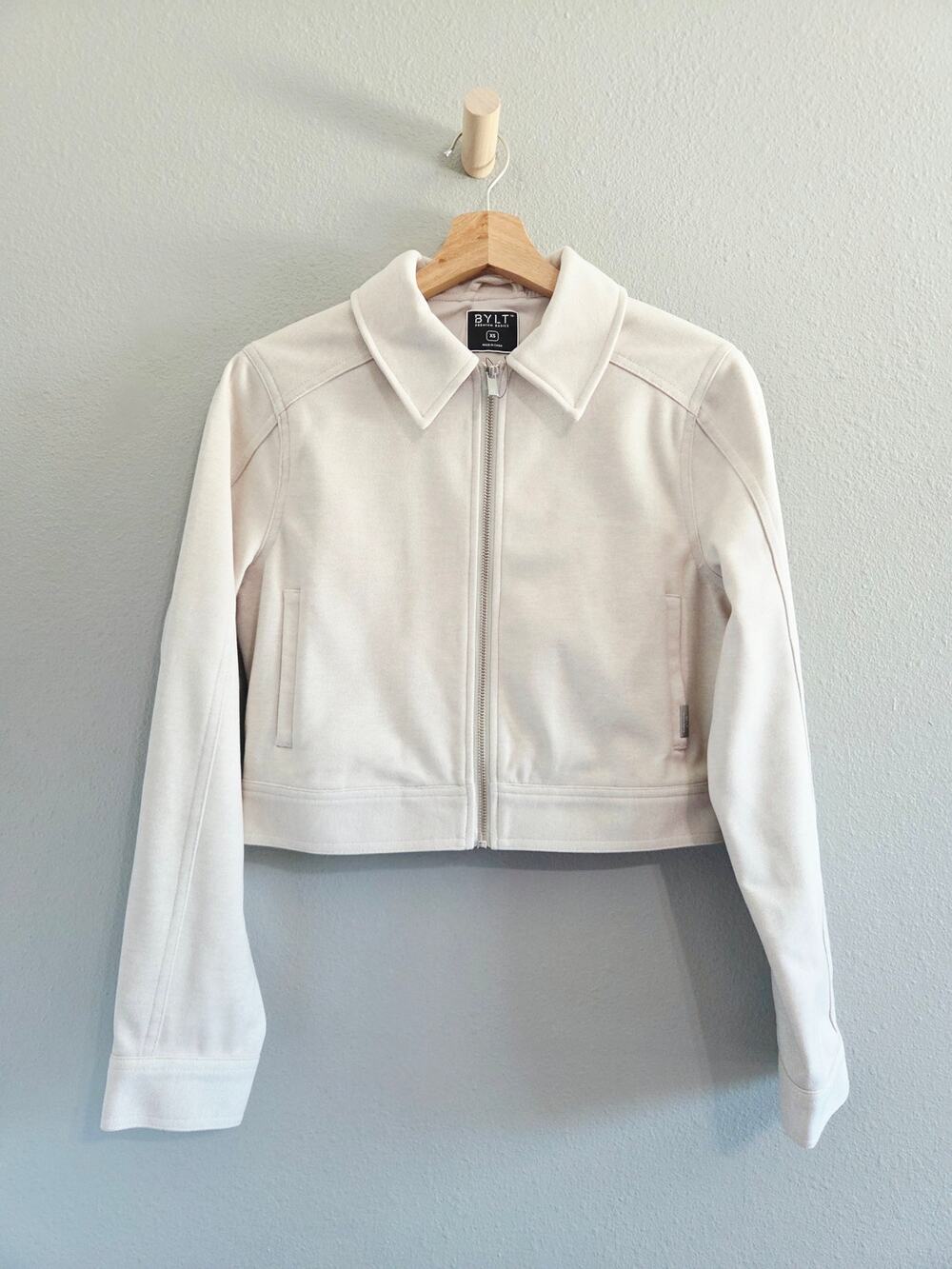 BYLT Coastal Trucker Cropped Full Zip Jacket Heathered Shell XS NWT